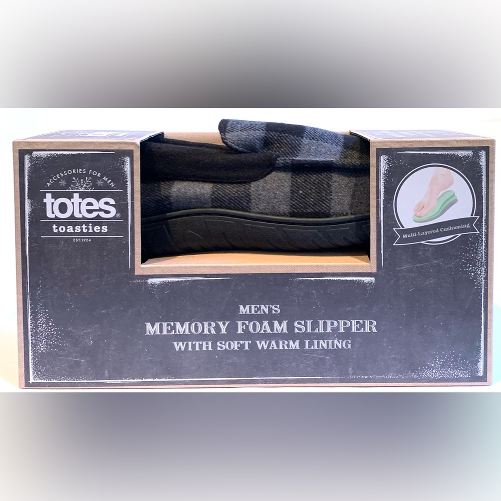 Totes Toasties Men’s XL 11-12 Memory Foam Slippers Warm Lining BLACK GRAY Check